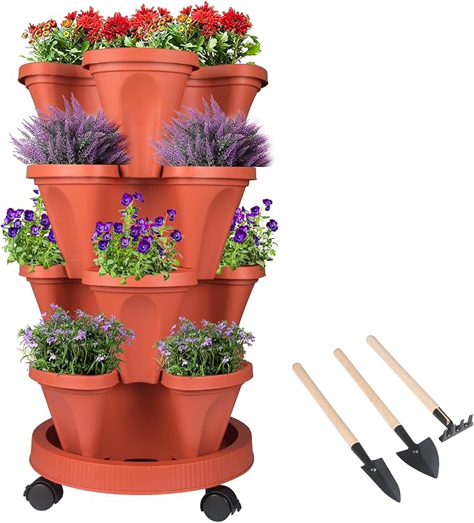 Vertical Planter 4 Tier Stackable Planters Garden Planters Strawberry Herb Flower and Vegetable Planter Indoor Outdoor Gardening Pots with Removable Wheels and Tools