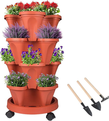 Vertical Planter 4 Tier Stackable Planters Garden Planters Strawberry Herb Flower and Vegetable Planter Indoor Outdoor Gardening Pots with Removable Wheels and Tools