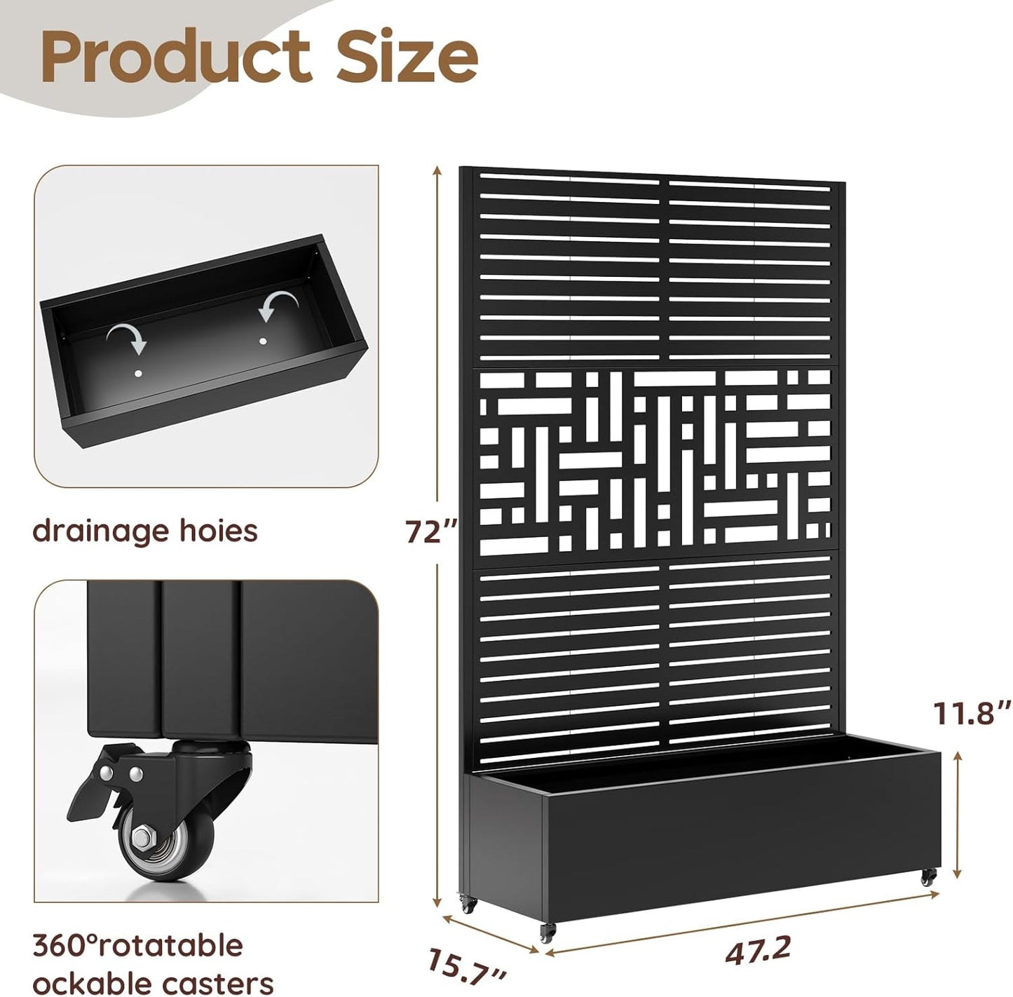 Metal Raised Garden Bed with Trellis & Wheels,72" x 47"x 15.7" Planter Box with Trellis,Privacy Planters for Patio,Garden Bed for Climbing Plants,Suitable for Climbing Plants and Vegetables,Black