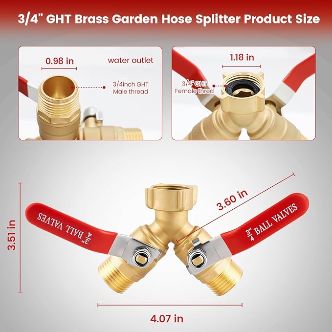 Garden Hose Splitter 2 Way Heavy Duty - Solid Brass Hose Y Splitter with Stainless Steel Long Handle, 3/4" GHT Thread for High Flow Rates & Leak-Free Connection