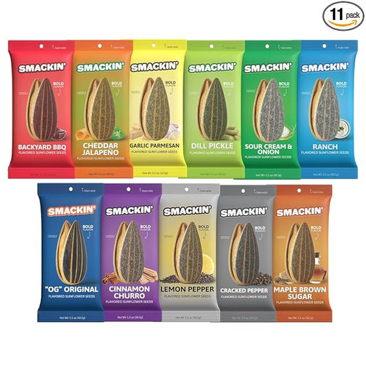 SMACKIN' Sunflower Seeds, Roasted Jumbo Small-Batch, American Made - Variety, 1.5oz bags (11 pack)