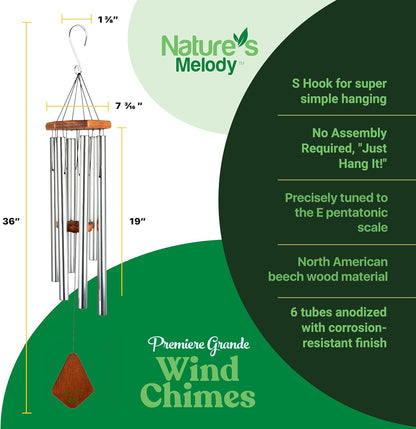 Nature’s Melody Premiere Grande Tunes Wind Chimes – Outdoor Windchime with 6 Tubes Tuned to E Pentatonic Scale, Rustproof Aluminum, Beech Wood & S Hook Hanger for Sympathy, Memorial Gift or Zen Garden