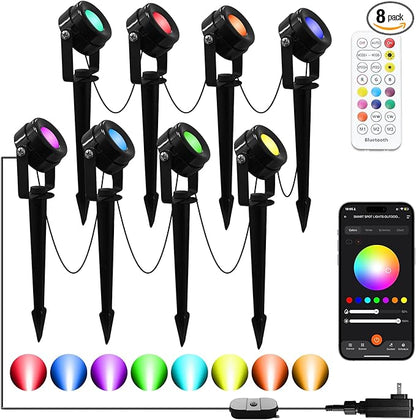 Smart RGBW Spot Lights Outdoor, 8 Pack Low Voltage Landscape Lighting with APP & Remote control, Waterproof and Timing, Color Changing Outdoor Spot Lights for Yard Christmas Halloween Spotlights