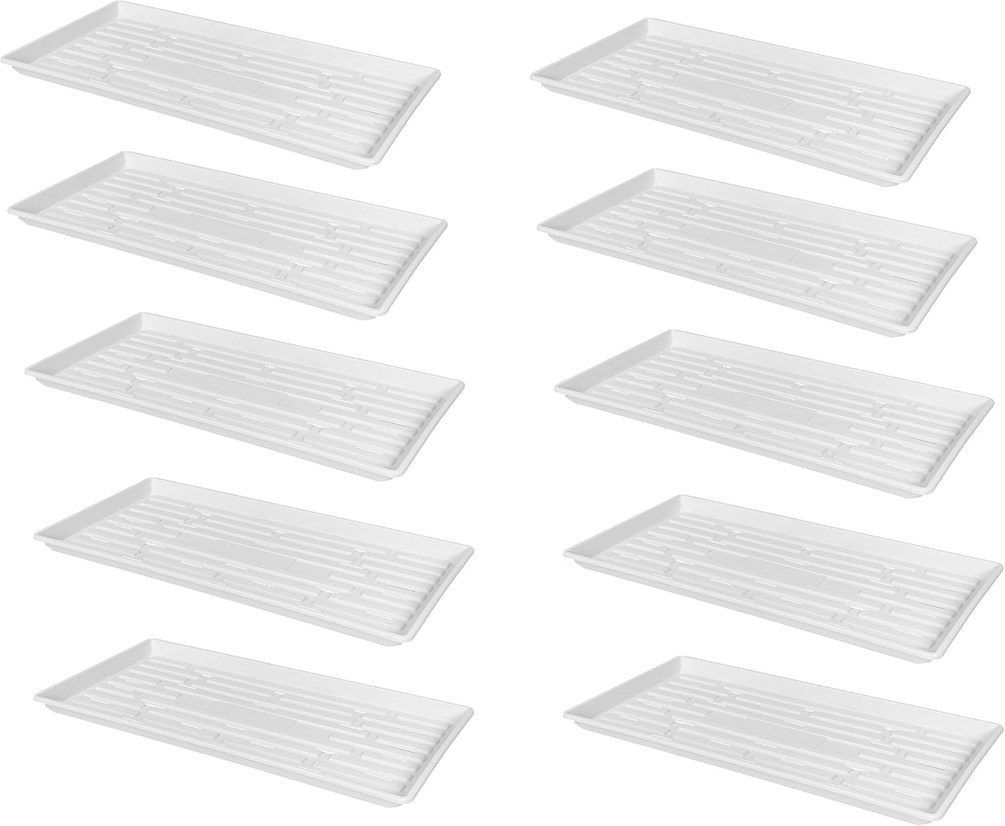 SUNPACK 10" x 20" Heavy Duty Shallow Plastic Seed Starting Tray, White, 1" (Pack of 10) - Lined with Drainage Holes for Excess Water and Aeration, Ideal for Greenhouses or Indoor Gardening