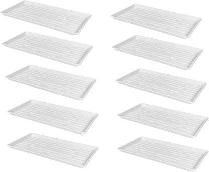 SUNPACK 10" x 20" Heavy Duty Shallow Plastic Seed Starting Tray, White, 1" (Pack of 10) - Lined with Drainage Holes for Excess Water and Aeration, Ideal for Greenhouses or Indoor Gardening