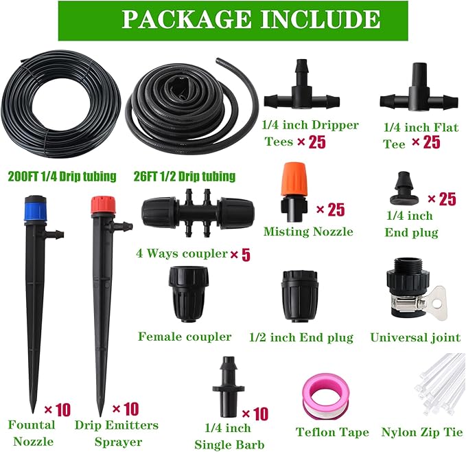 226FT Greenhouse Micro Drip Irrigation Kit Automatic Irrigation System Patio Misting Plant Watering System with 1/4 inch 1/2 inch Blank Distribution Tubing Hose Adjustable Nozzle Emitters Sprinkler