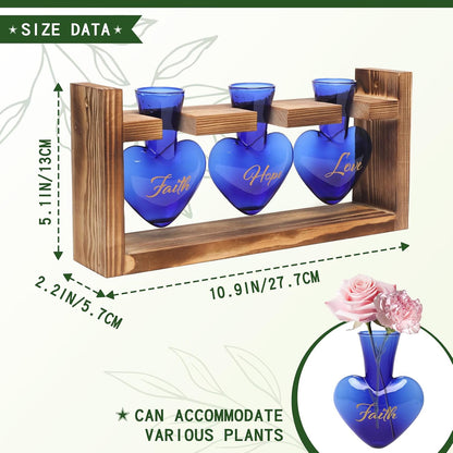 Plant Terrarium Propagation Stations Faith Hope Love Hydroponics Home Garden Decoration Gift for Women with Wooden Stand Heart Shaped Colored Glass Vase