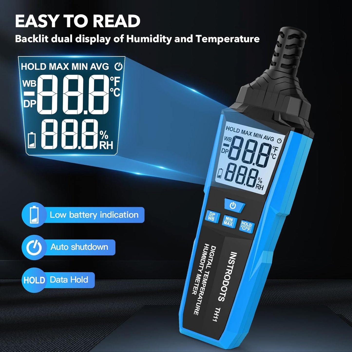 Temperature Humidity Meter, High Precision Digital Hygrometer with Ambient, Dew Point, Wet Bulb Temperature for Indoor Outdoor, Thermometer with Min/Max, Data Hold, LCD Backlight, TH11