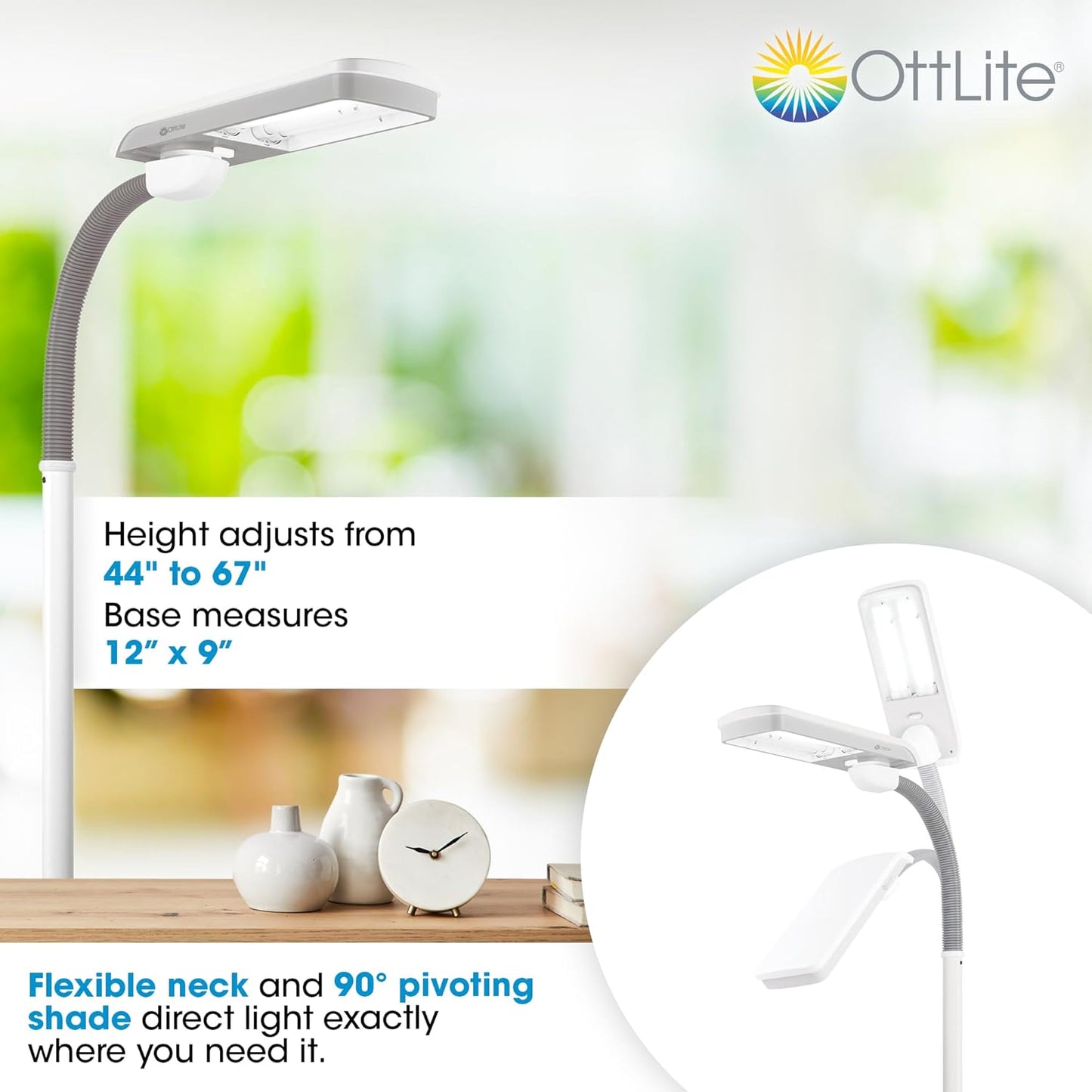 OttLite Standing Floor Lamp with Adjustable Neck, Pivoting Shade Multiuse Daylight Floor Lamp LED Light - 36w Fluorescent Natural Daylight - Modern Home Decor, for Living Room, Reading, Dorm & Office