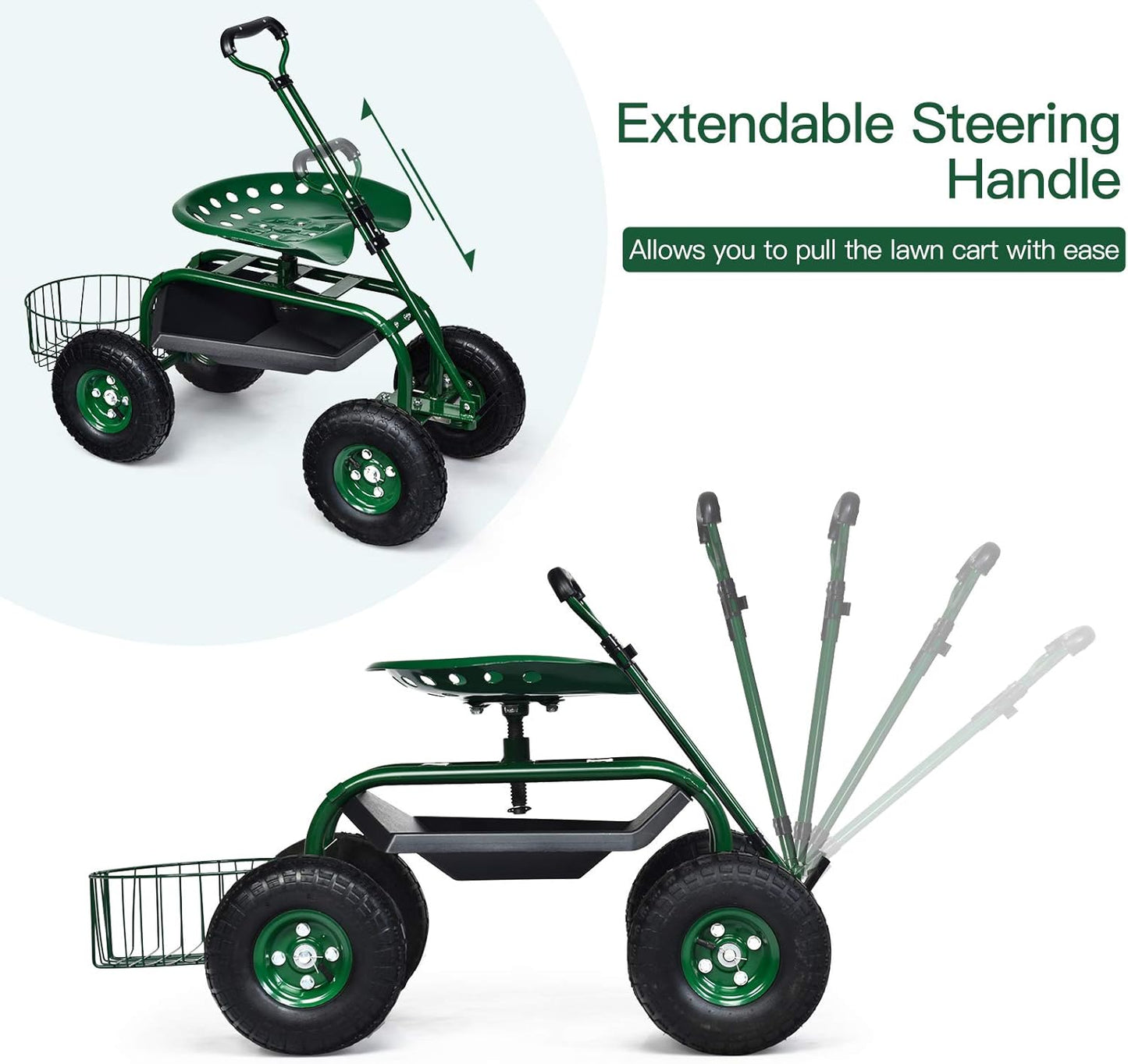 IRONMAX Garden Cart with Seat, Gardening Rolling Stool Scooter with 10’’ All-Terrain Wheels, Adjustable Steering Handle & Tool Tray and Basket for Outdoor Planting