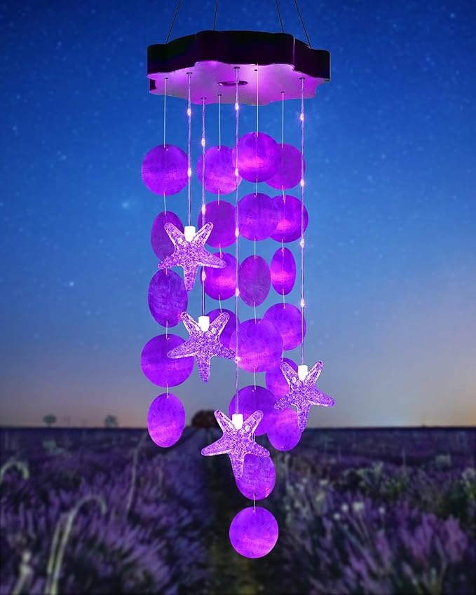 Toodour Solar Wind Chimes for Outside, Shells Light Gifts for Mom Grandma Women Wife Girls, Waterproof Solar Outdoor Decorative Mobile Light for Holiday Garden Porch Yard Outdoor Decor (Purple)