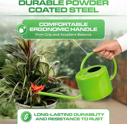 Plexon 40 oz Green Powder Coated Steel Watering Can Indoor Plants - Long Spout Watering Can Outdoor House Plant Flower, Garden