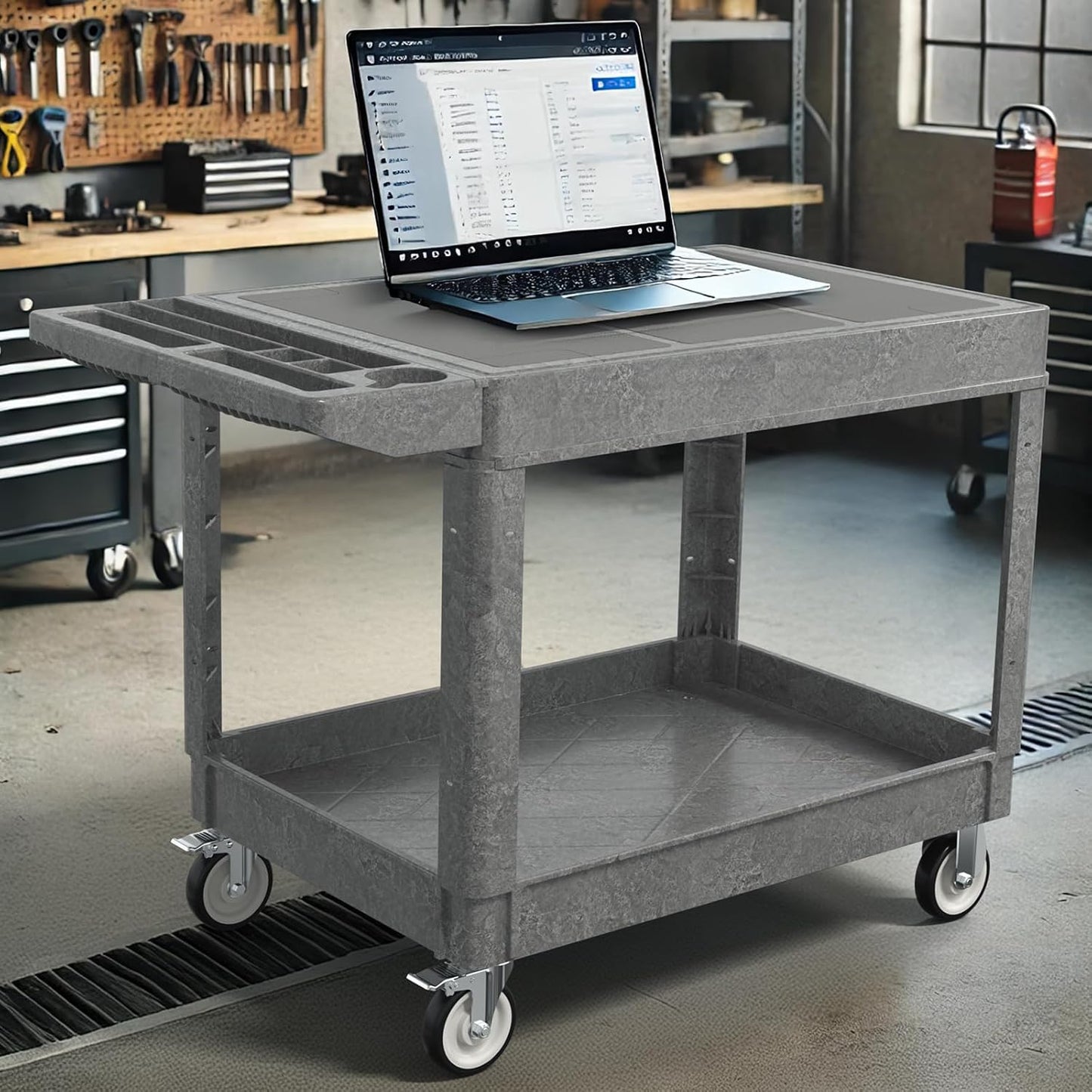 Large Garage Flat Top Utility Cart, Heavy Duty 2 Shelf Tool Cart Service Cart Rolling Push Carts with Ergonomic Handle 5" Swivel Casters.
