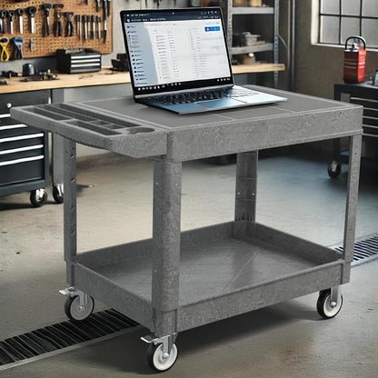 Large Garage Flat Top Utility Cart, Heavy Duty 2 Shelf Tool Cart Service Cart Rolling Push Carts with Ergonomic Handle 5" Swivel Casters.