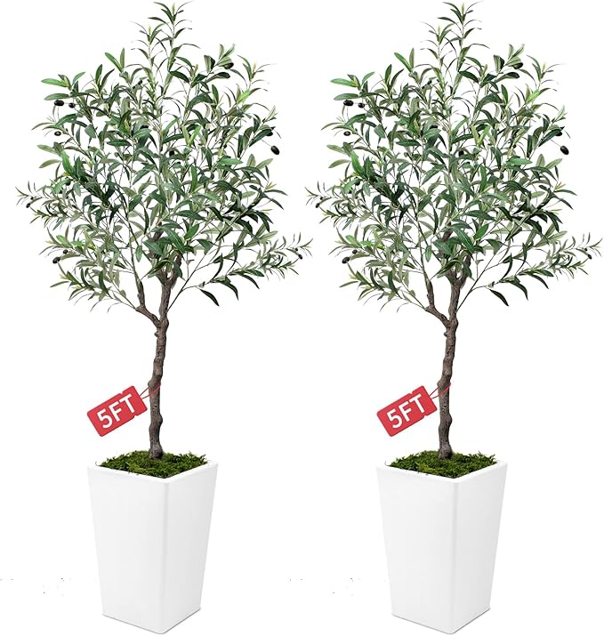 Olive Trees Artificial Indoor 5ft, 2 PCS Tall Faux Silk Plant with Pot, Realistic Leaves and Natural Wood Trunk Fake Trees with Lifelike Fruits for Home Office Decor Bedroom Livingroom Entryway