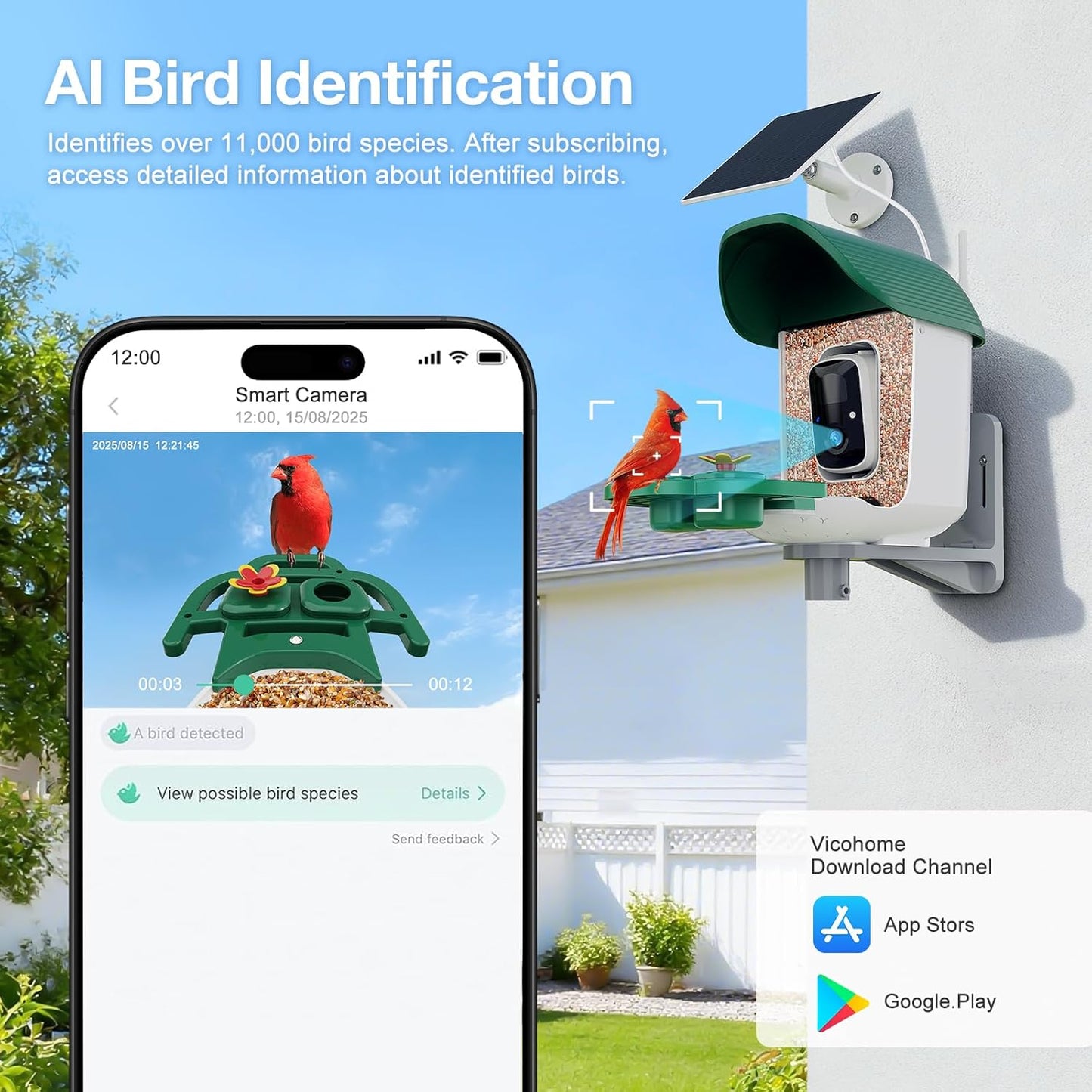 Smart Bird Feeder with 3MP HD Camera & AI Identify, Hummingbird Feeder with Solar Panel, Supports Two-Way Audio, Instant Arrival Alerts, Birdhouses for Outdoors, Gifts for Bird Lovers, Green