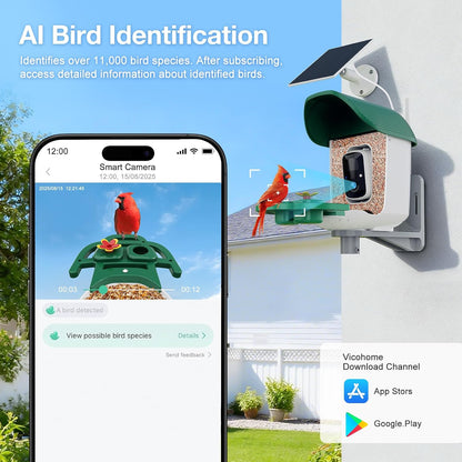 Smart Bird Feeder with 3MP HD Camera & AI Identify, Hummingbird Feeder with Solar Panel, Supports Two-Way Audio, Instant Arrival Alerts, Birdhouses for Outdoors, Gifts for Bird Lovers, Green