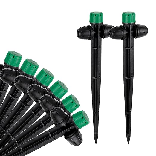 30pcs Drip Irrigation Emitters for 1/4" Drip Irrigation Tubing Adjustable 360 Degree Water Flow Drippers on 6.5" Sturdy Stake with Lock Barbed Irrigation Drippers for Watering System