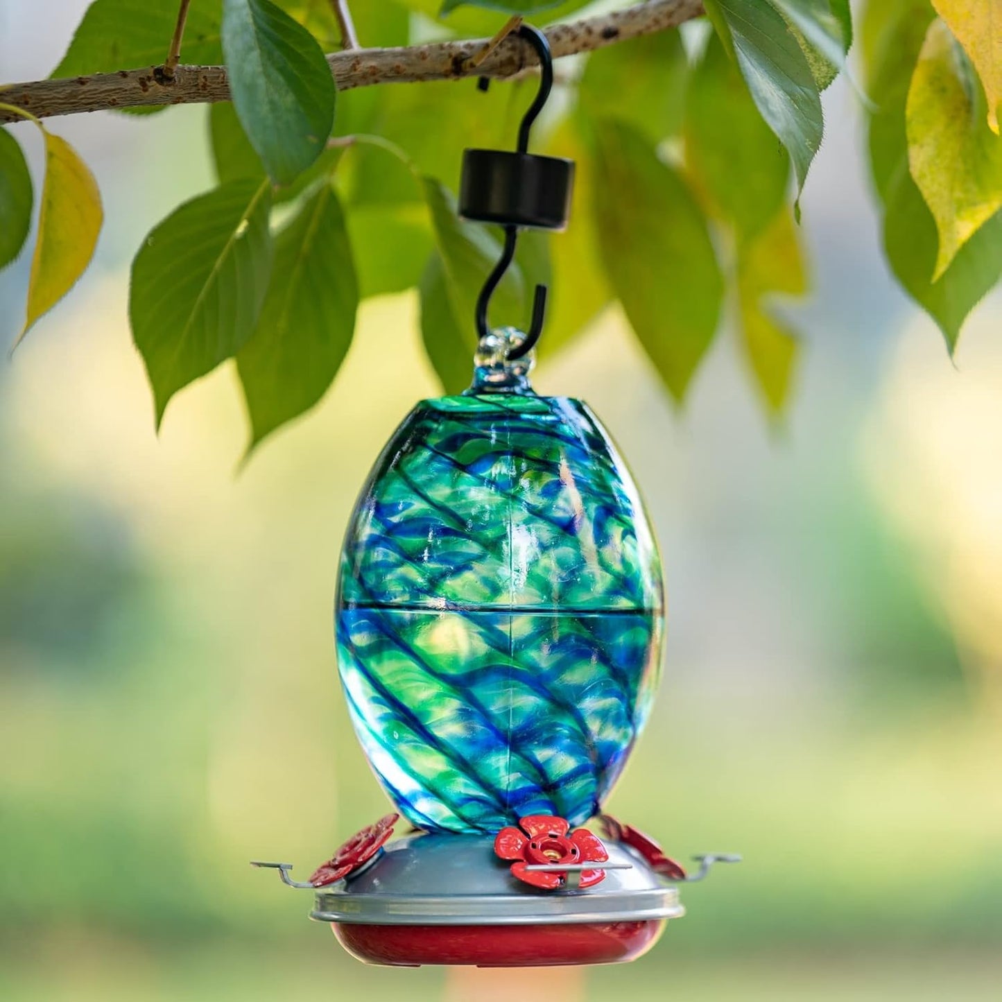 Muse Garden Glass Humming Bird Feeders for Outdoors - 27OZ Blown Glass Hummingbird Feeder - Unique Gift for Mom Women Grandparents, Outdoors Hanging Garden Decor, Ant Moat & Brush, Blue Mermaid