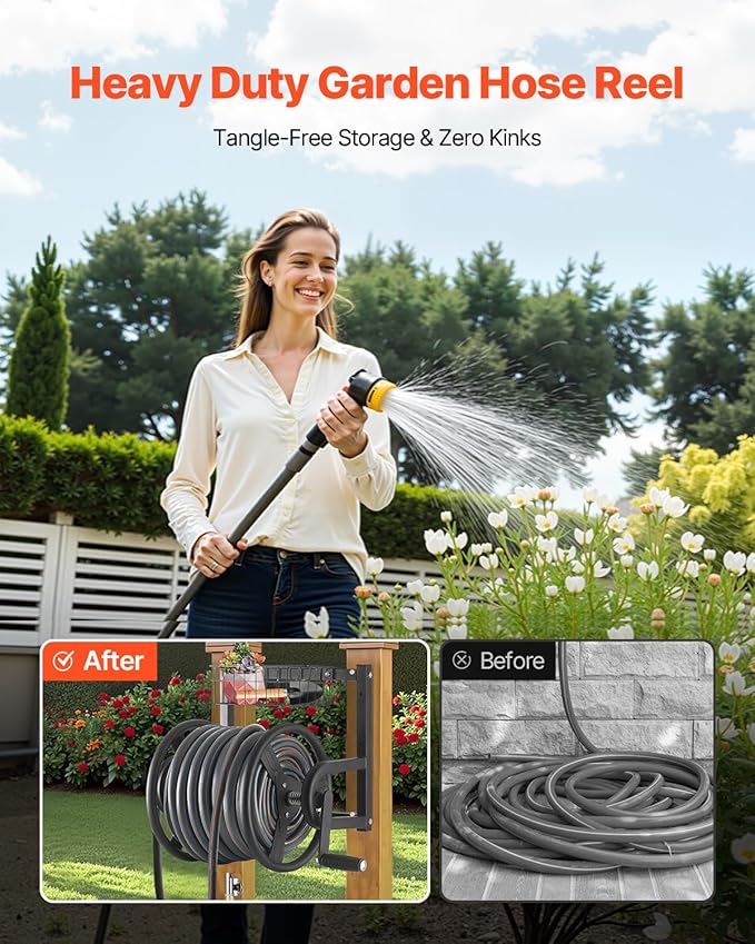 VEVOR Wall Mounted Garden Hose Reel, Holds 125 ft 5/8-inch Hose, Heavy-Duty Water Hose Winder, Space-Saving Design, Outdoor Manual Reel with Brass Fitting and Storage Basket for Yard Lawn