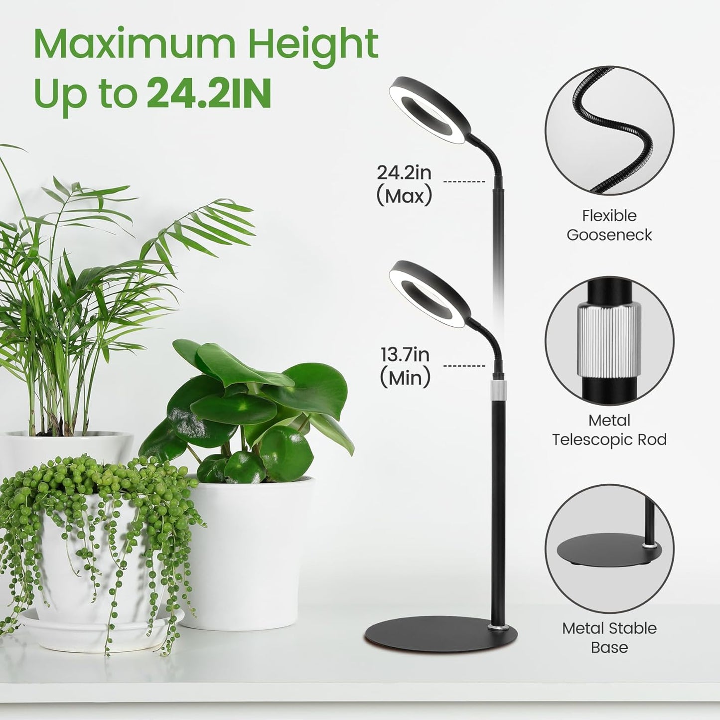 Desk Grow Lights for Indoor Plants, Red Blue Full Spectrum Desktop LED Plant Growing Lamps, Height Adjustable 13.7-24.2inch, 3/9/12H Auto Timer,10 Levels Dimmable, Black Table Growth Light