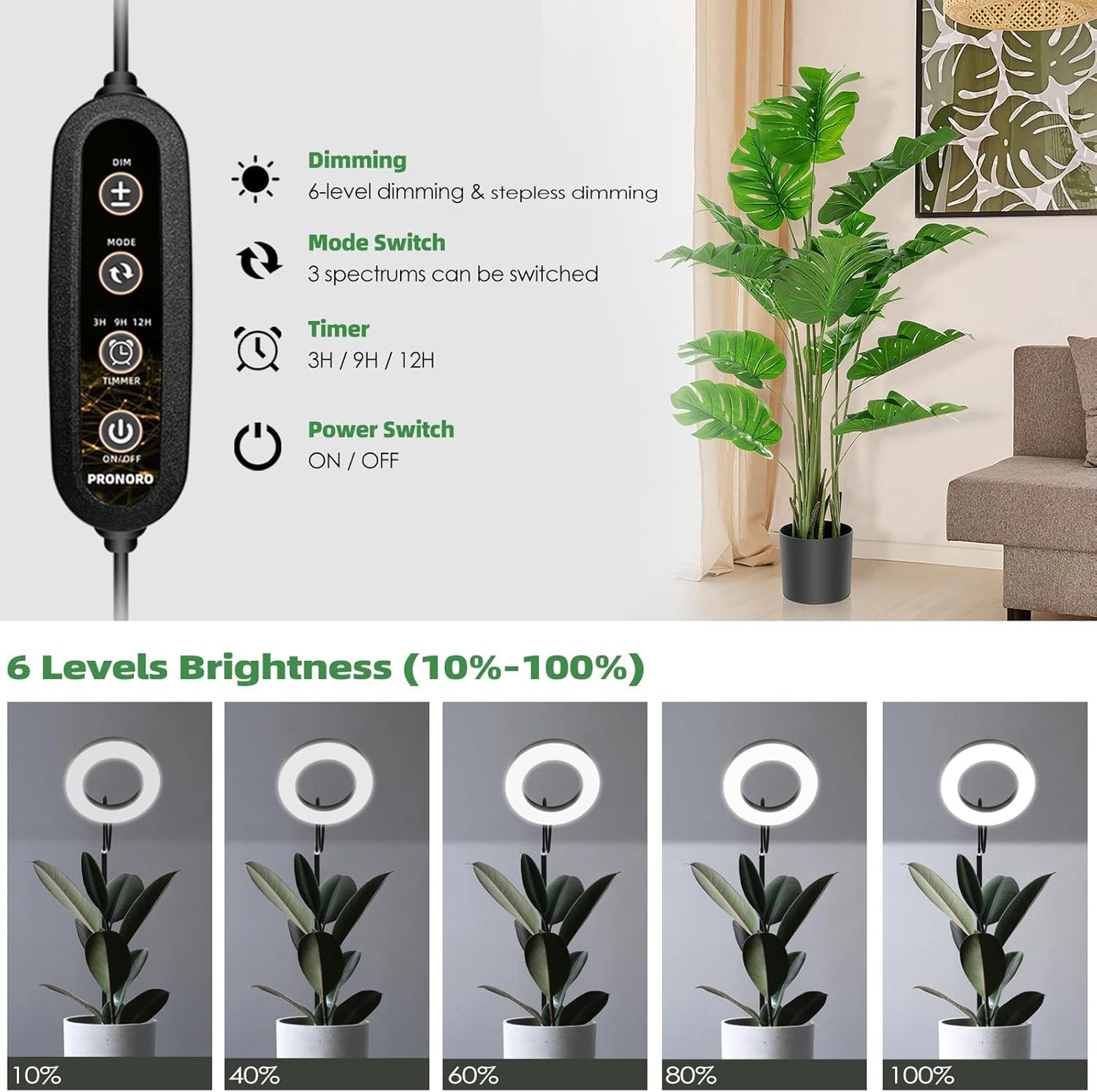 PRONORO Grow Light for Indoor Plants,Full Spectrum LED Grow Light,Standing Grow Light for Large Plants,Auto ON/Off Timer,6 Dimmable Levels,3 Spectrum Lighting Modes,Height Adjustable,20W
