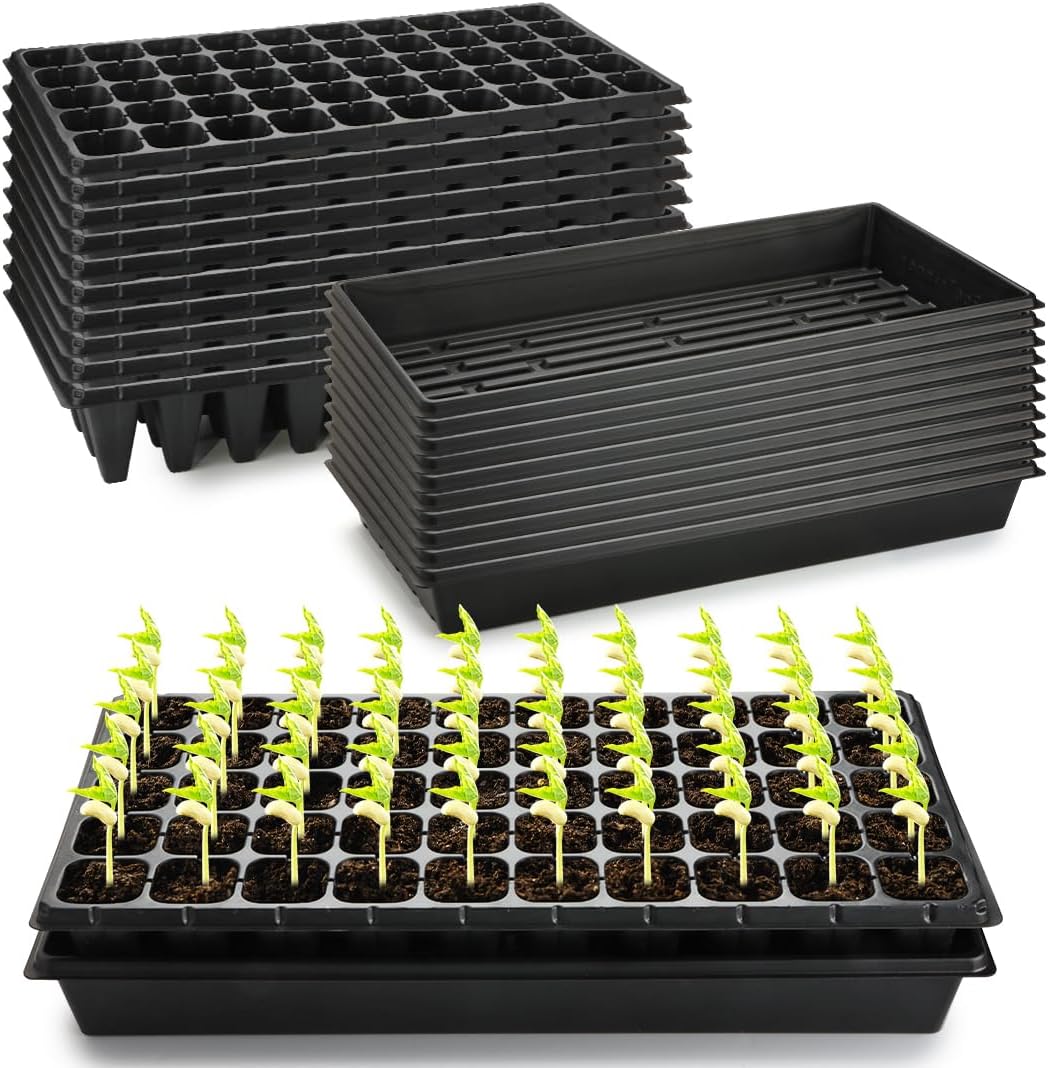 10 Pack 1020 Trays with 10 Pack 3.54" Deep 50 Cell Seed Starter Trays - Seed Starting Kit for Gardening, Durable Plastic Nursery Trays for Seed Germination & Plant Propagation (10 Set)