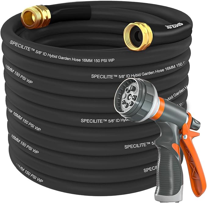 SPECILITE Garden Water Hose 75 ft x 5/8 in Heavy Duty, Flexible and Lightweight, Burst 600 psi, Kink-less Hybrid Rubber Pipe for Backyard, 3/4'' Brass Fittings,Black