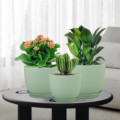 Flower Pots 9/8/7.5 inch, Plant Pots for Indoor Outdoor Plants, Set of 3 Modern Decorative Plastic Planters with Drainage Holes and Saucers for Garden Porch House Plants, Green