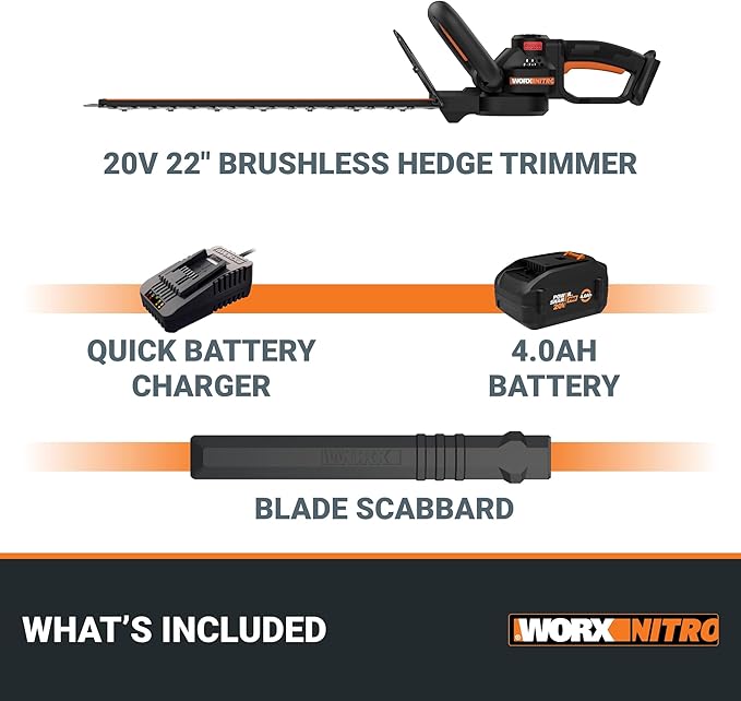 WORX Nitro WG263 22" 20V Cordless Hedge Trimmer, Electric Hedge Trimmer with Dual-Action Blades & 3400 SPM, Brushless Bush Trimmer Cuts Branches 1" Thick, Battery & Charger Included