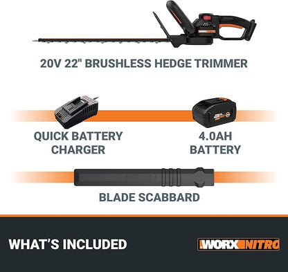WORX Nitro WG263 22" 20V Cordless Hedge Trimmer, Electric Hedge Trimmer with Dual-Action Blades & 3400 SPM, Brushless Bush Trimmer Cuts Branches 1" Thick, Battery & Charger Included