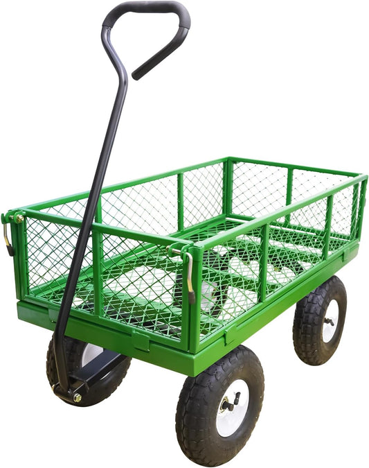 AAIN 400 lbs Metal Garden Cart,Heavy Duty Garden Wagon with Removable Steel Mesh Sides, Utility Yard Cart with 180° Rotating Handle and 10-inch Wheels—Perfect for Gardens, Farms, and Yards, Green