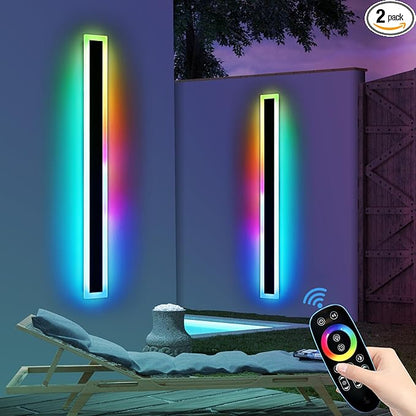 Widened 2 Pack Modern Exterior Lighting Fixtures, 57inch RGB Dimmable Outdoor Wall Sconces, 10 Colors, 5 Modes, IP65 Waterproof, Black Long LED Wall Mount Lights for Fence, Balcony, Garage