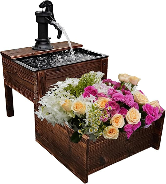 Outdoor Water Fountain，Floor Wooden Rectangular Double-Layer Old-Fashioned Pump Fountain with Flower Box，Plug-in Electric Decorative Hand Pump,Outdoor Water Feature for Garden Patio Backyard