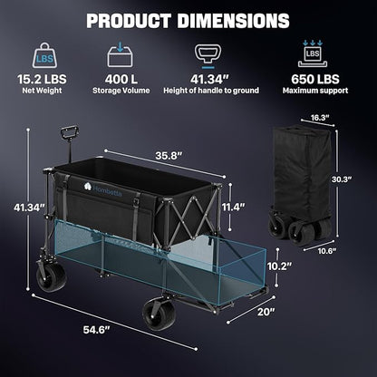 Folding Double Decker Wagon, 560LBS Heavy Duty Utility Cart with Brakes, 400L Wagon Cart with Wheels Foldable, All-Terrain Big Wheels for Camping, Beach, Picnic, Outdoor Use, Black