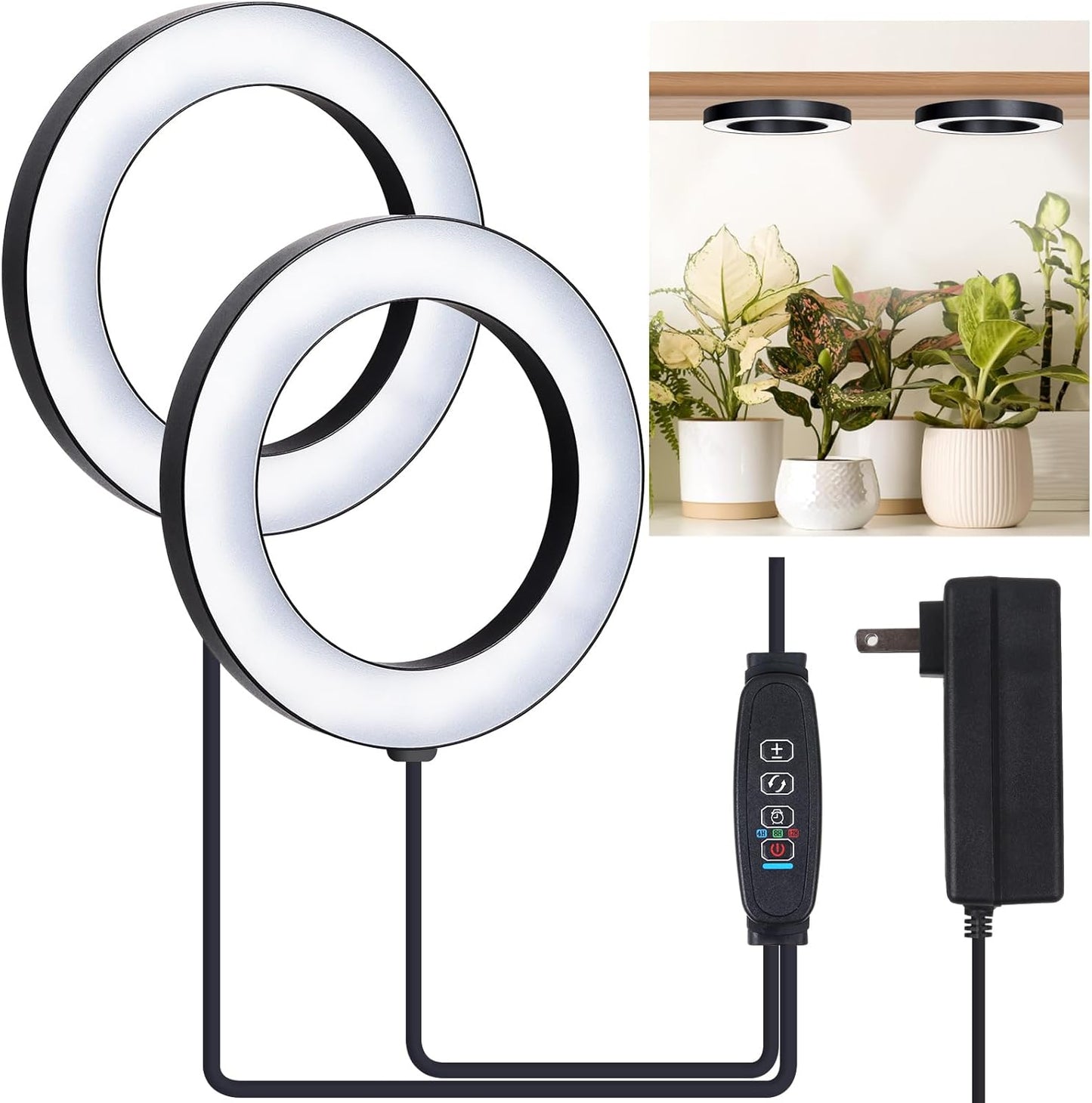 Full Spectrum Grow Light for Indoor Plants, 144 LEDs Halo Plant Light with Auto On/Off Timer (4/8/12H), 10-Level Brightness, 3 Lighting Modes, for Small Plants & Seedlings (Black, Dual Head)