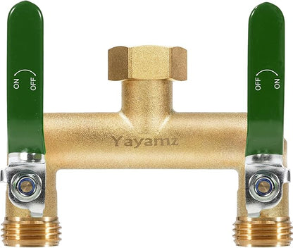 Garden Hose Splitter, 3/4” Rust and Freeze Resistant Outdoor Hose Manifold with 2 Green Extra Long Handles Faucet Adapter-Heavy Duty Brass 2-Way Valve