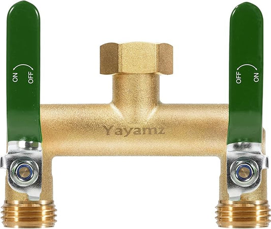 Garden Hose Splitter, 3/4” Rust and Freeze Resistant Outdoor Hose Manifold with 2 Green Extra Long Handles Faucet Adapter-Heavy Duty Brass 2-Way Valve