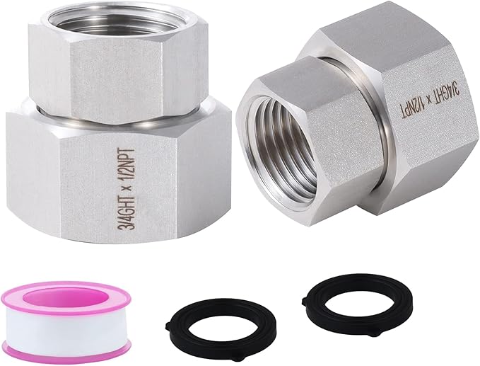 2 Pcs Stainless Steel Garden Hose Fittings Connectors Adapter,3/4" GHT to 1/2" NPT Repair Female to Female Double dual water hose connector, Lead-Free (Pack of 2)