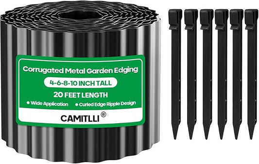 Corrugated Metal Garden Edging,Sturdy Tall Landscape Edging Borders with 6pcs Anchor Stakes, Perfect DIY for Flower Beds, Lawn and Pathway,Tree Surrounds,Paver Edges (Black 10"×20FT)