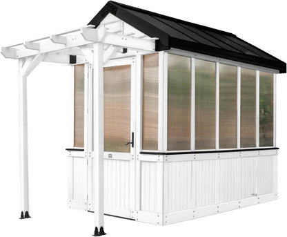 Backyard Discovery Bellerose 9' x 6' White Cedar Wood and Polycarbonate Walk-in Greenhouse Kit with Pergola, Exhaust Fan, Window, Hose Hook-Ups, PowerPort, Staging Shelves for Outdoor Gardening