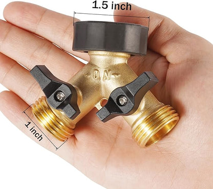 Garden Hose Splitter 2 Way Heavy Duty, Brass Hose Y Splitter with Shutoff Valve, Easy Grip Handle, Water Spigot Outdoor Faucet Splitter Y Adapter with 2 Extra Rubber Washers