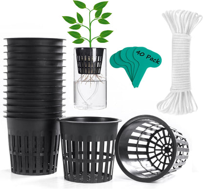 ORIMERC 40 Pack Net Pots 4 inch Net Cups Pots for Hydroponics Supplies with 60 feet Self Watering Wick for Aquaponics Buckets Insert Orchid kratky Vegetable Gardening Grow Netted Baskets Slotted Mesh