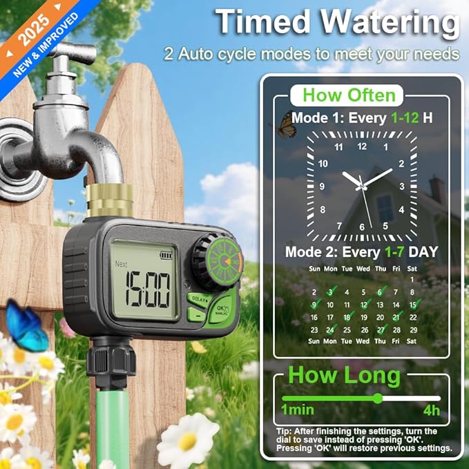 Sprinkler Timer Water Hose Timer - Programmable Digital Irrigation Outdoor Waterproof with Rain Delay, Manual, Automatic Watering System for Yard, Lawn, and Garden Hose Brass Inlet 1 Outlet