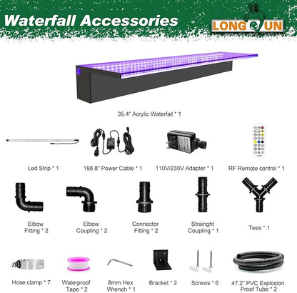 LONGRUN Waterfall Spillway, APP Control Multi-Color LED Light Outdoor Pool Fountain, Acrylic Water Spillway Koi Pond Waterfalls Fountains Kit for Garden Patio Swimming Pool Decoration-35.4"