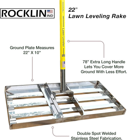 Rocklin™ Lawn Leveling Rake – 22” x 10” Stainless Steel Levelawn Tool with 78” Handle | Smooth & Level Soil, Sand or Grass | Durable Leveling Tool for Lawn, Yard and Garden