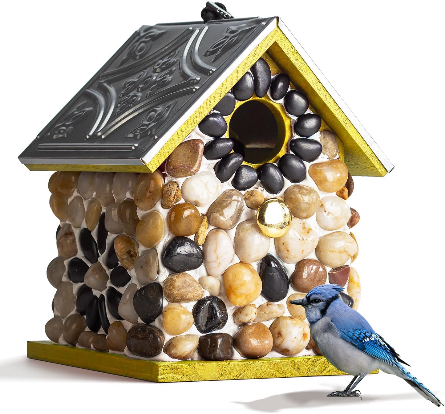 Masterpiece Bluebird Bird House for Outside Clearance, Cedar Bird House Bird Feeder for Outdoor, Stone Villa, Hanging Birdhouse for Outside, Pole Mountable Birdhouse, 10 Yrs Longtime Lasting (Yellow)