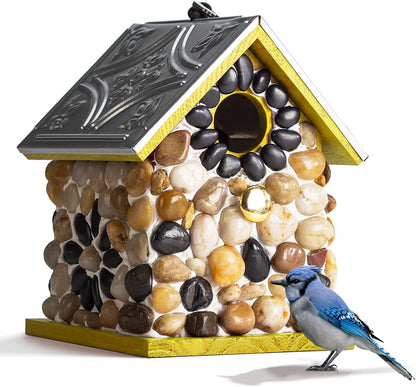 Masterpiece Bluebird Bird House for Outside Clearance, Cedar Bird House Bird Feeder for Outdoor, Stone Villa, Hanging Birdhouse for Outside, Pole Mountable Birdhouse, 10 Yrs Longtime Lasting (Yellow)