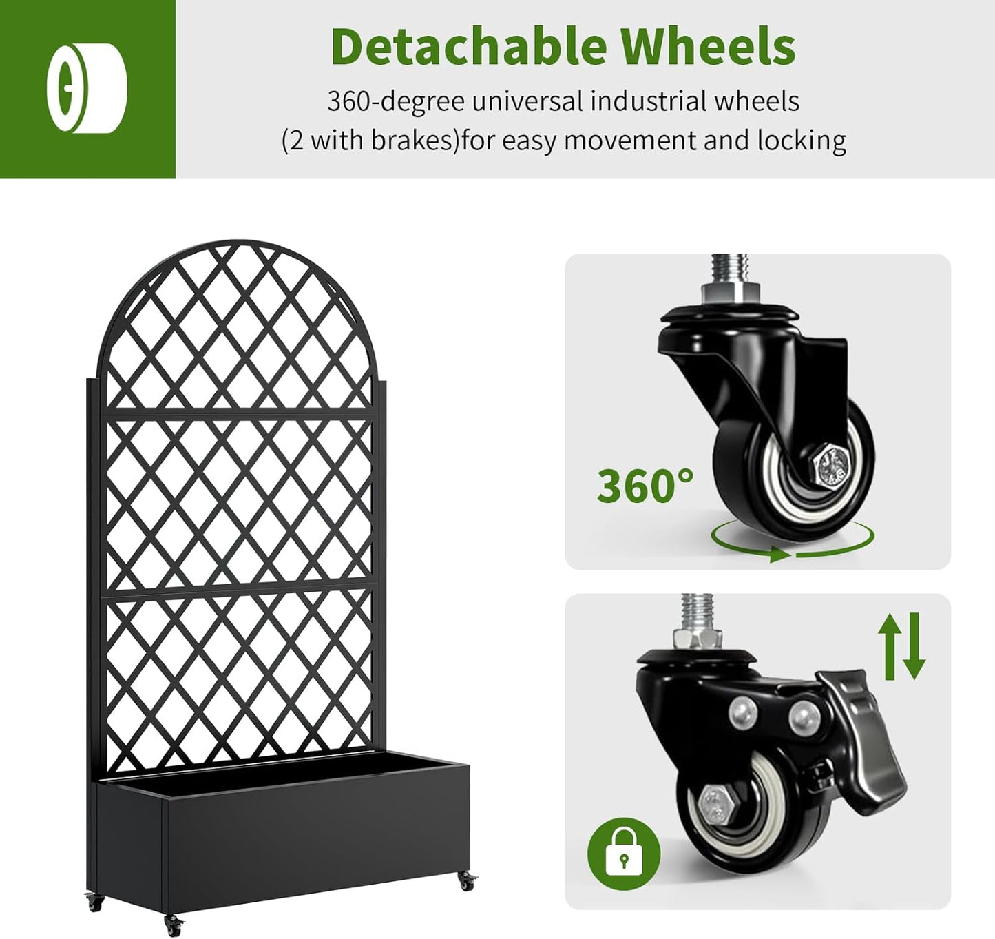 Metal Planter Box with Trellis and Wheels, 73"x35"x16" Galvanized Steel Raised Garden Bed with Drainage Holes and Privacy Screen Function for Climbing Plants, Vegetables, Flowers, and Vines–Black