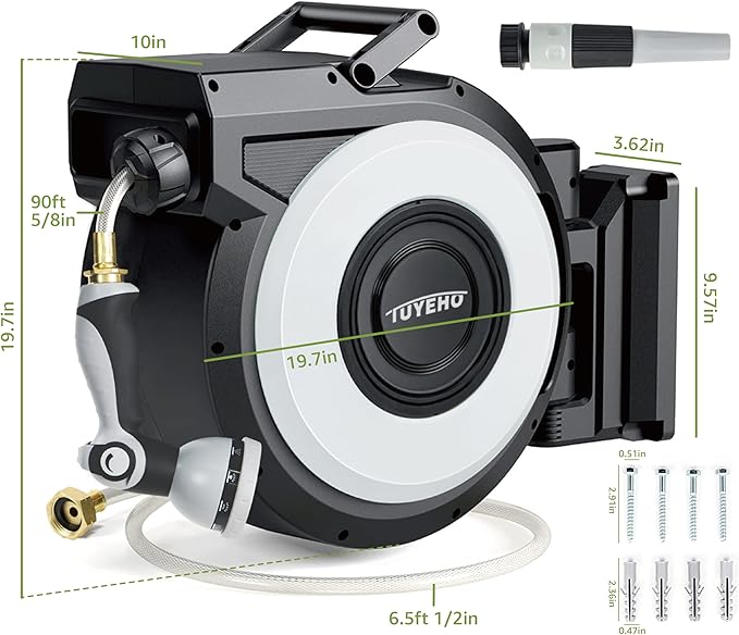 Tuyeho Retractable Garden Hose Reel 5/8" x 90 ft, Wall Mount Water Hose Reels with Automatic Slow Rewind System, Outdoor Hoses Reel with 2 Hose Nozzles for Garden Watering, Car Wash, Pet Shower